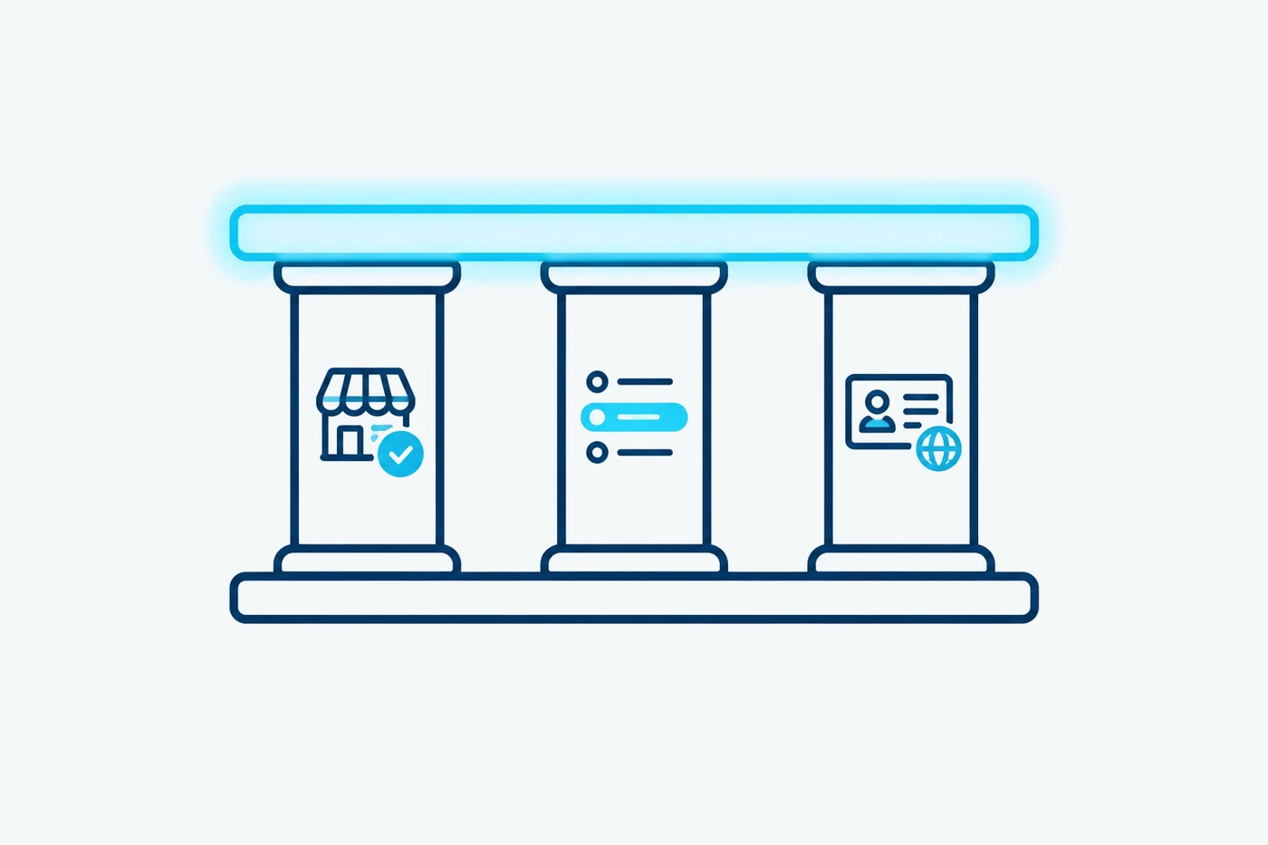 Three pillars on one base, marked with a marketplace, a supplier registry and an ID card with a globe, holding up a glowing beam