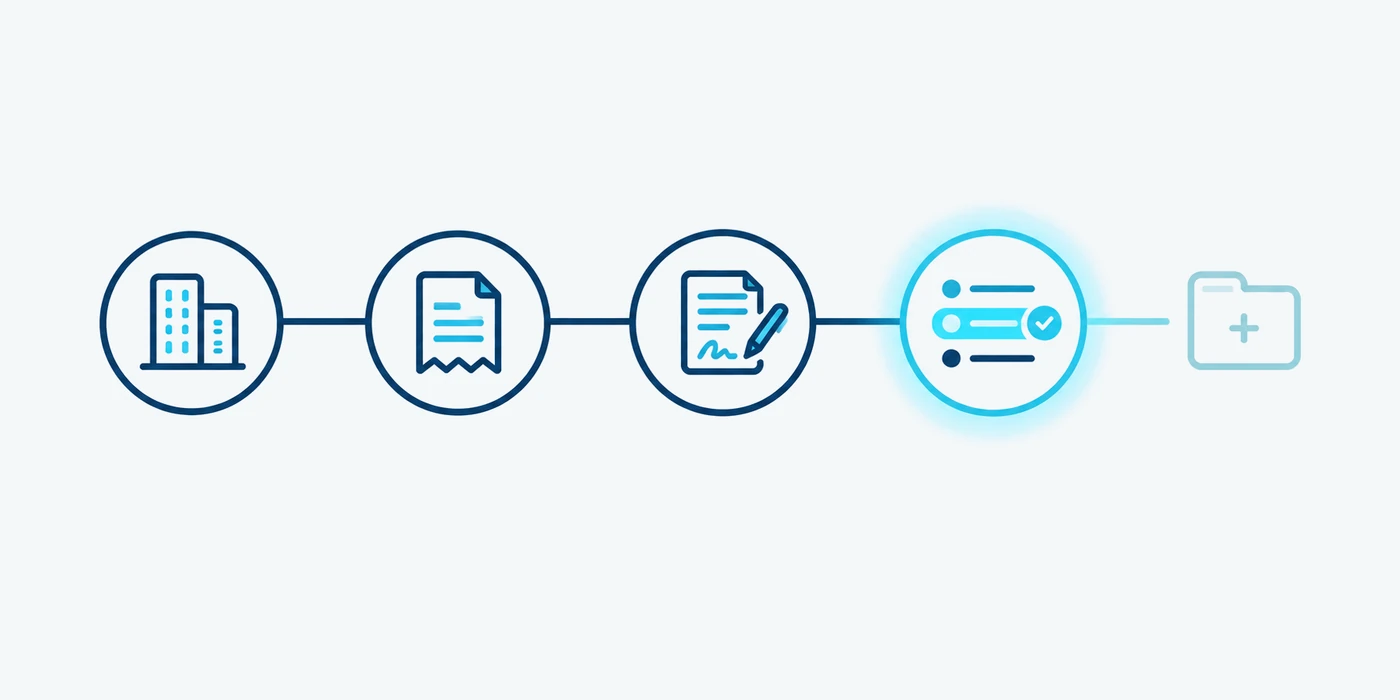 A building, an invoice and a signed contract in sequence, leading to one highlighted row of a registry, with a faint new project folder beyond it